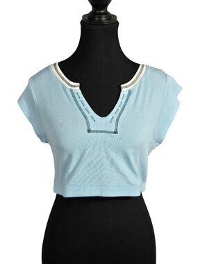 NWOT | Sky Blue Ribbed Knit Notched V-Neck Cap Sleeve Crop Top | Small